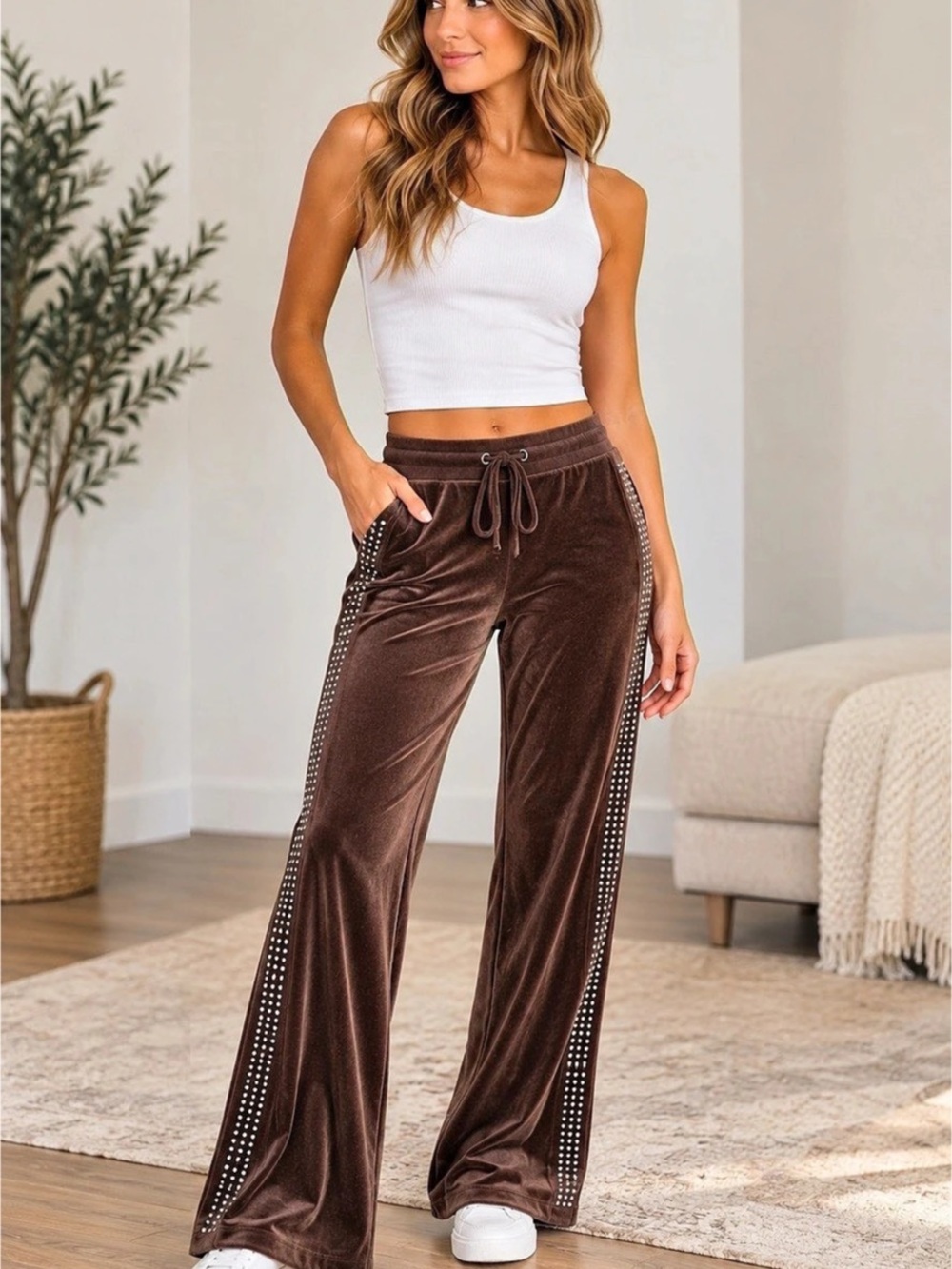 Hannah Jones Wide Leg Velvet Pants in Brown